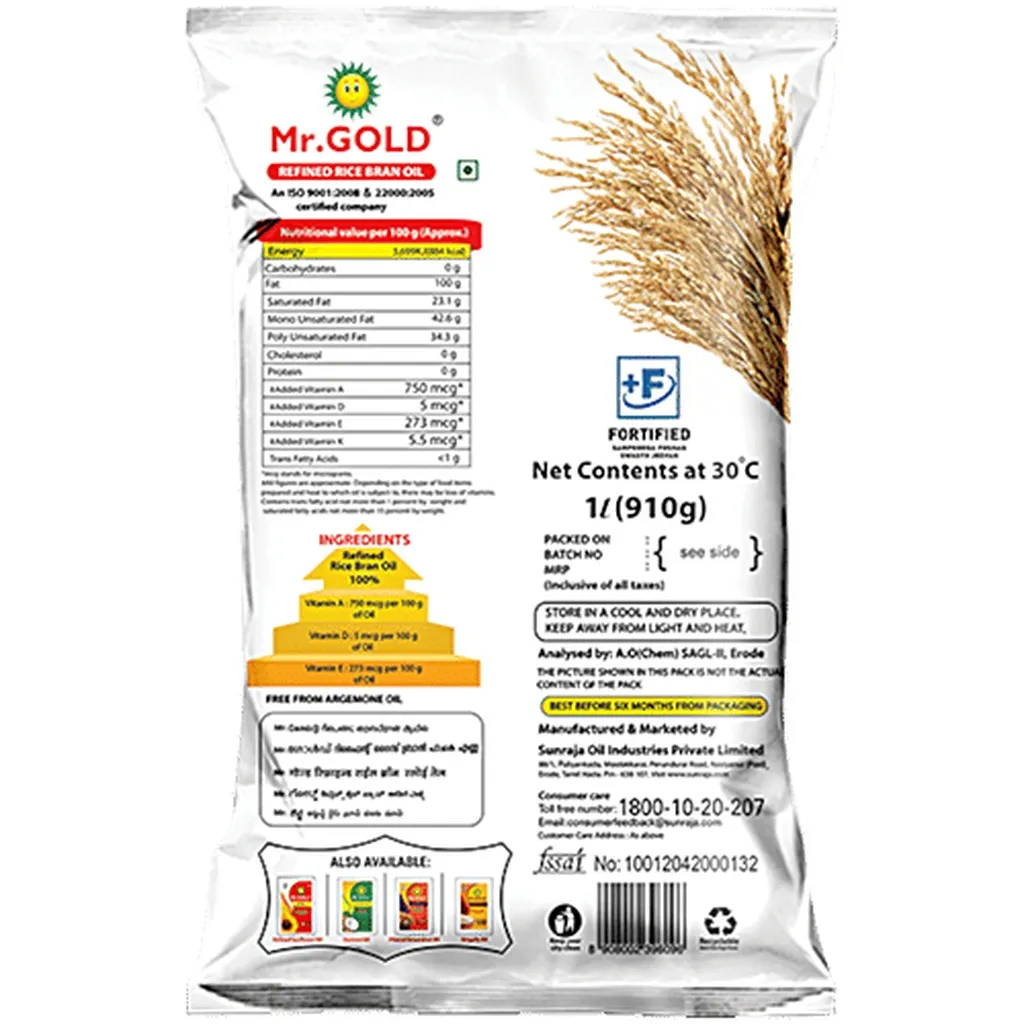 Mr. Gold Refined Rice Bran Oil- 1 Ltr Pouch 1