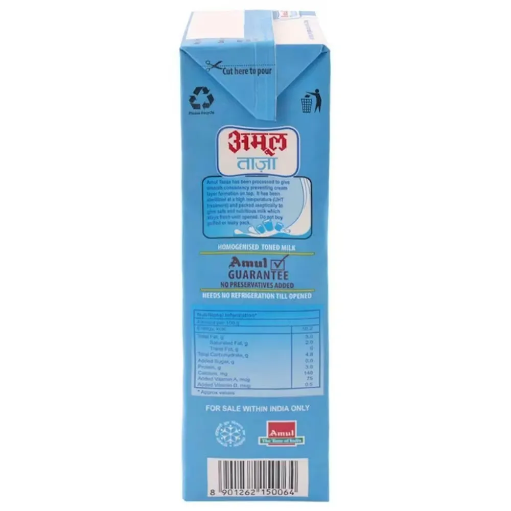 Amul Taaza Homogenised Toned Milk Tetra Pack 3