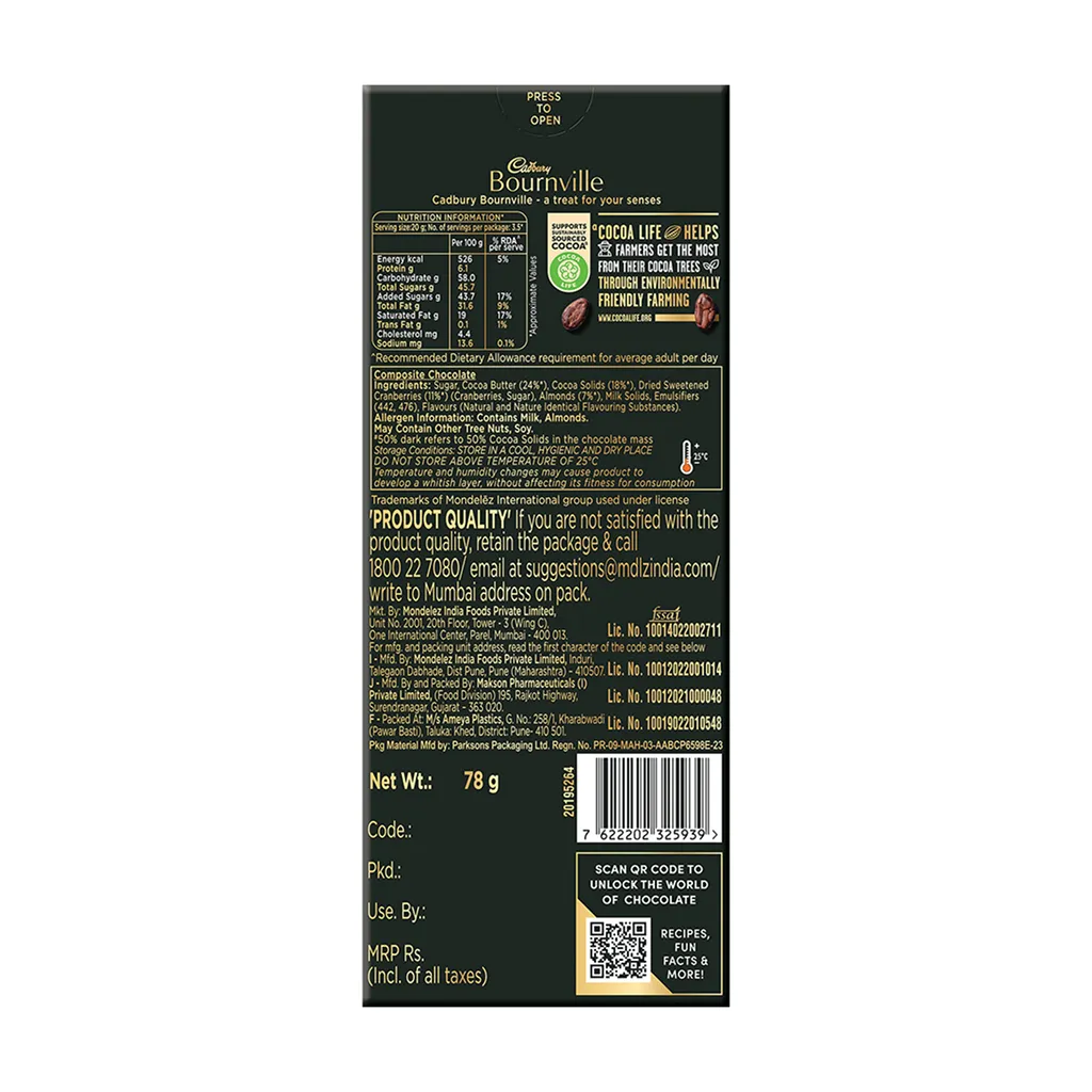 Cadbury Bournville Cranberry Chocolate Bar 1