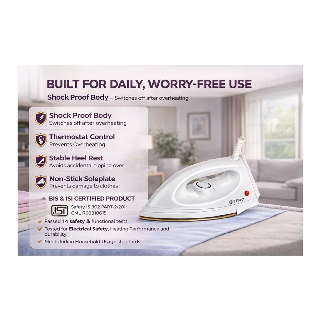 Ervo 1000W Light Weight Dry Iron - White 2