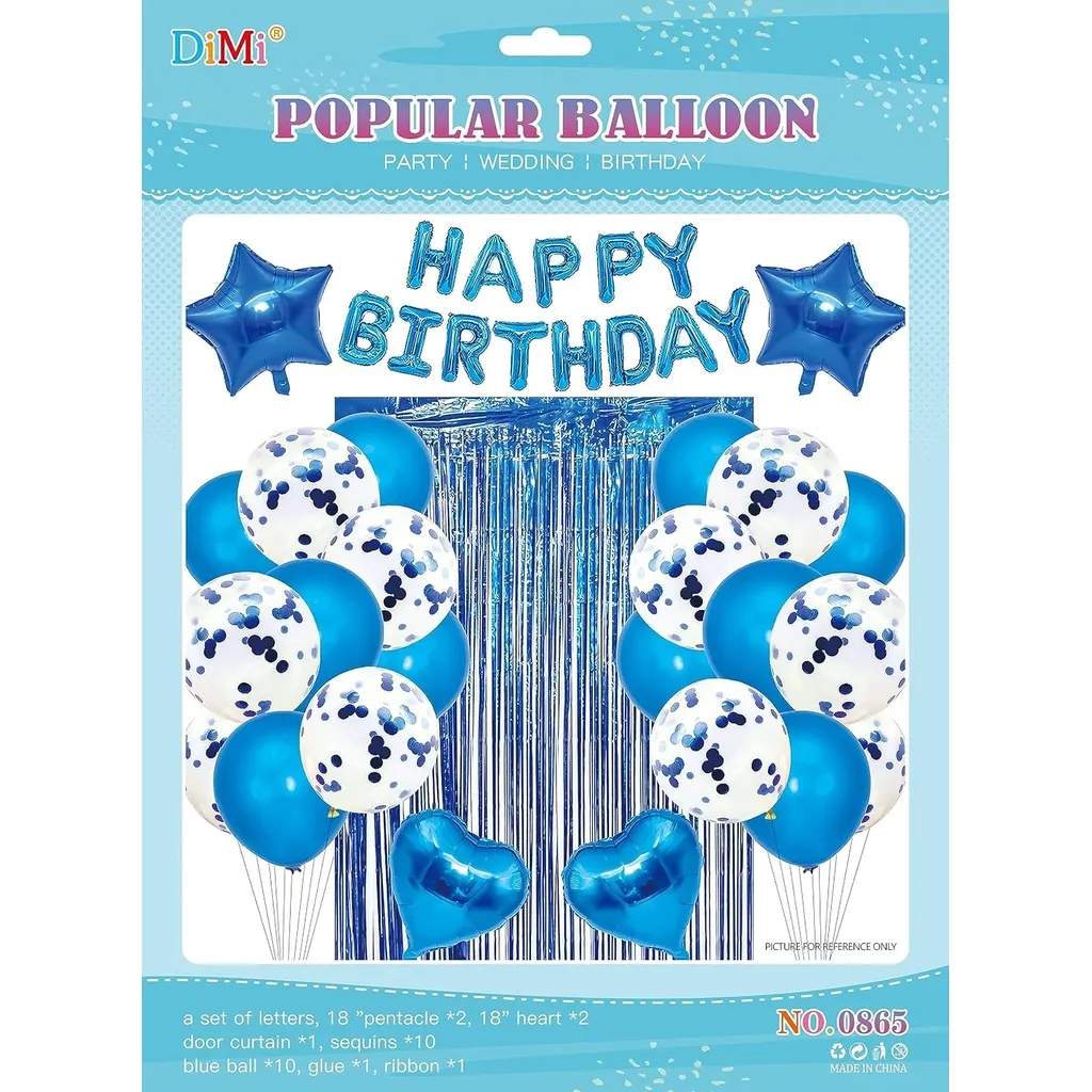 Seven Happy Birthday Blue Foil Balloon Set with Curtain & Balloons in Blue