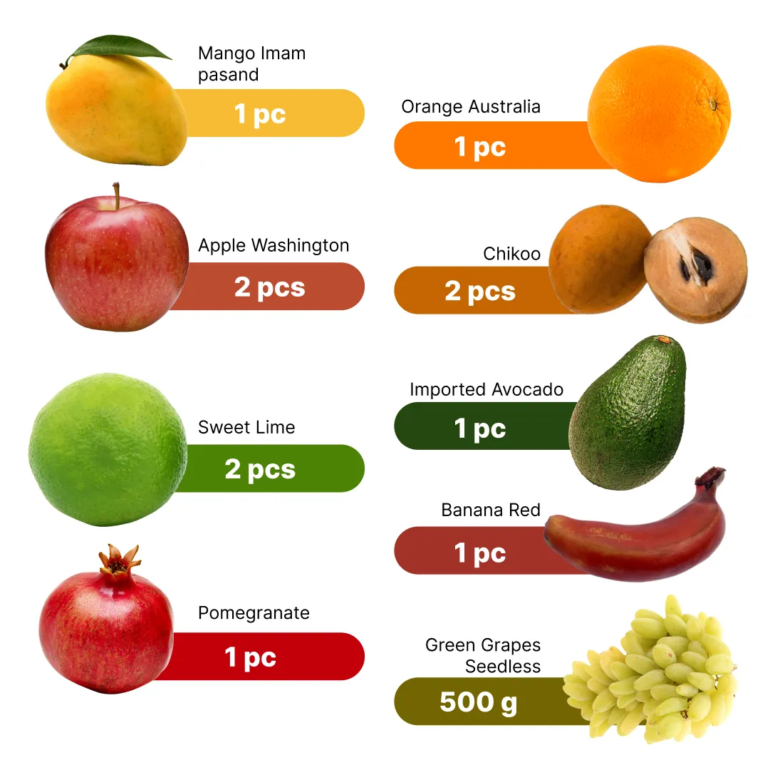 Festive Fruits Combo - Green Grapes (500g), Orange Australia (1pc), Imam Pasand Mango (1pc), Washington Apple (2pcs), Avocado (1pc), Sweet Lime (2pcs), Red Banana (1pc), Chikoo (2pcs) 1