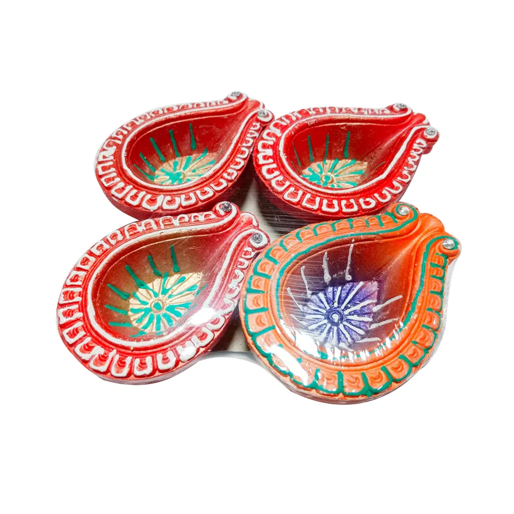 SLN Painted Assorted Design Diya - Pack of 4