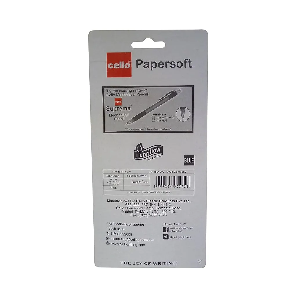 Cello Papersoft Ball Pen 3 Pc Pack - Blue 1