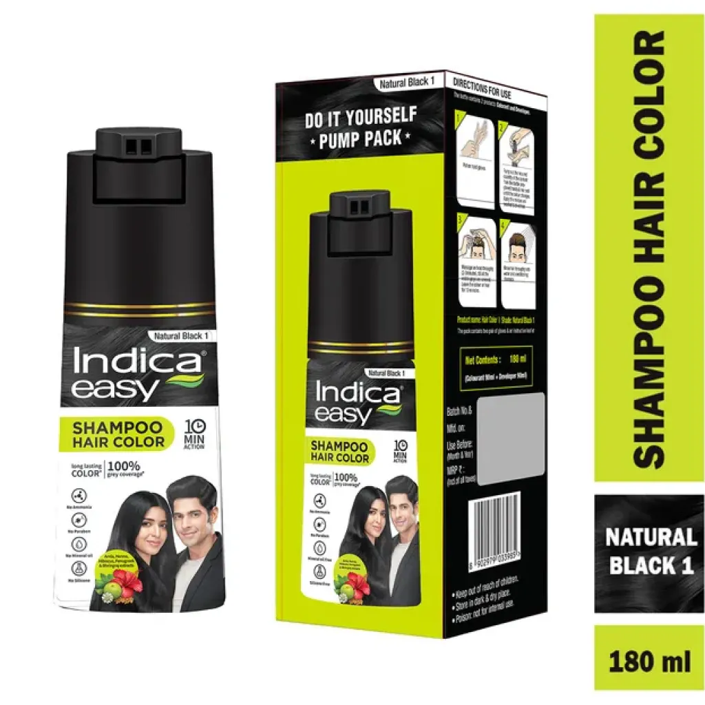 Indica Natural Black Hair Color Shampoo Pump 1