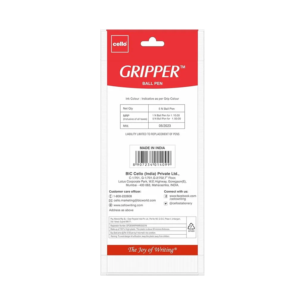 Cello Gripper Ball Pen 5 Pc Pack - Blue 1