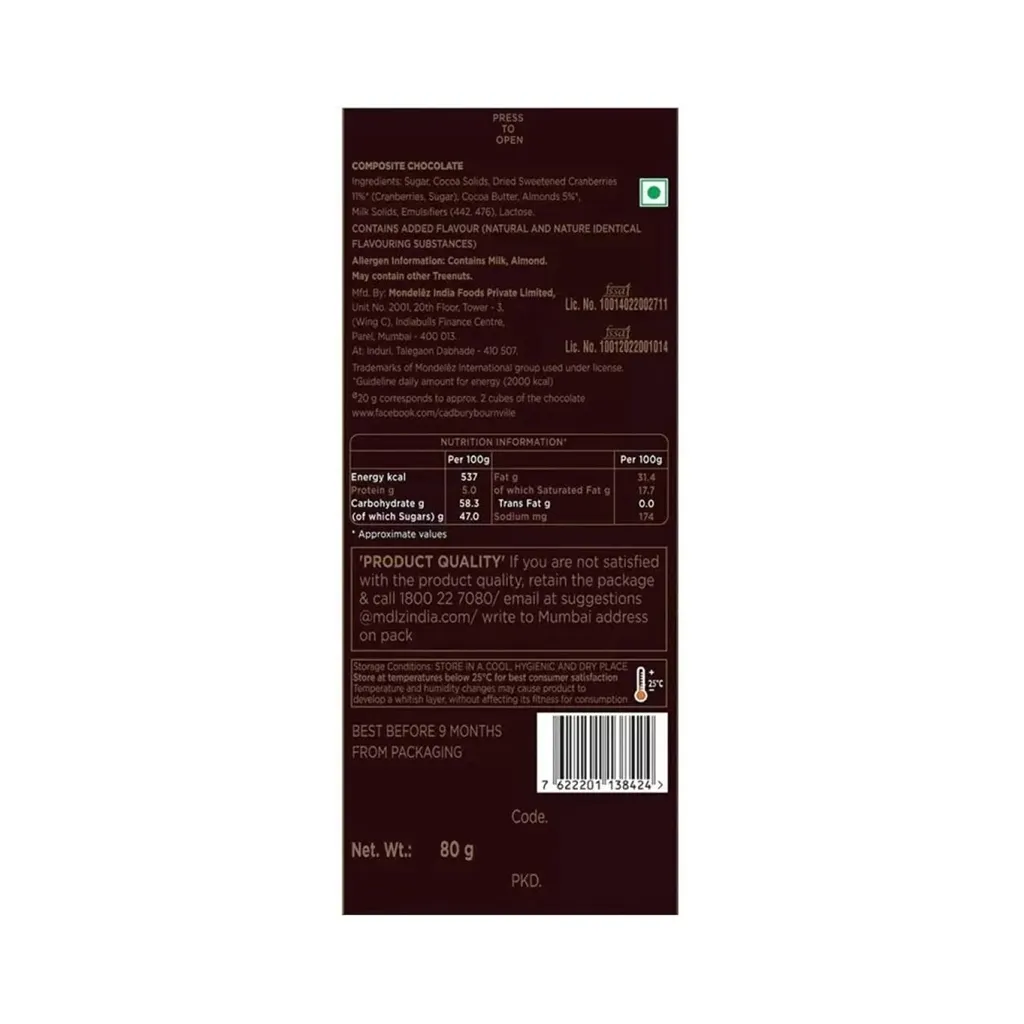 Cadbury Bournville Cranberry Chocolate Bar 1