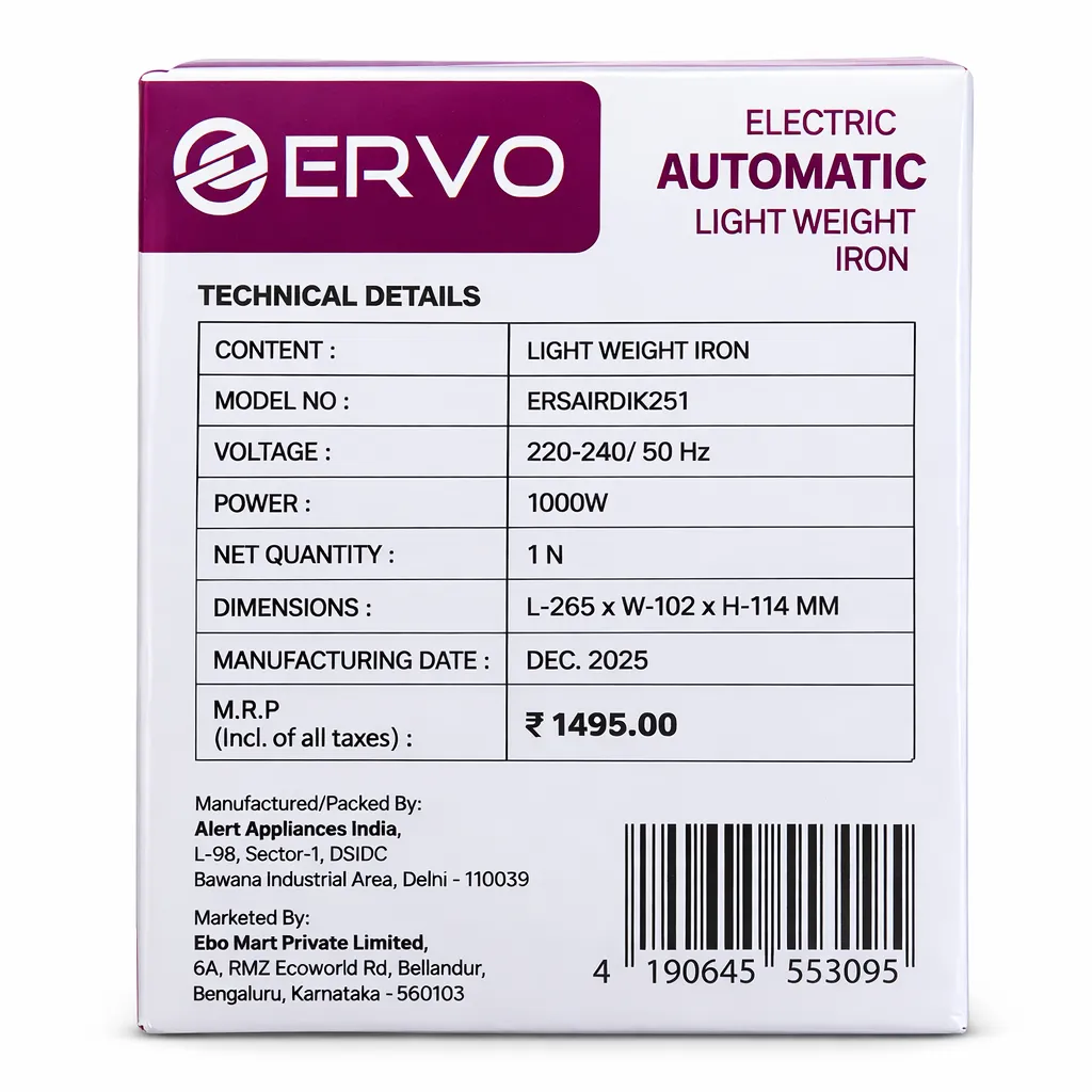 Ervo 1000W Light Weight Dry Iron - White 1
