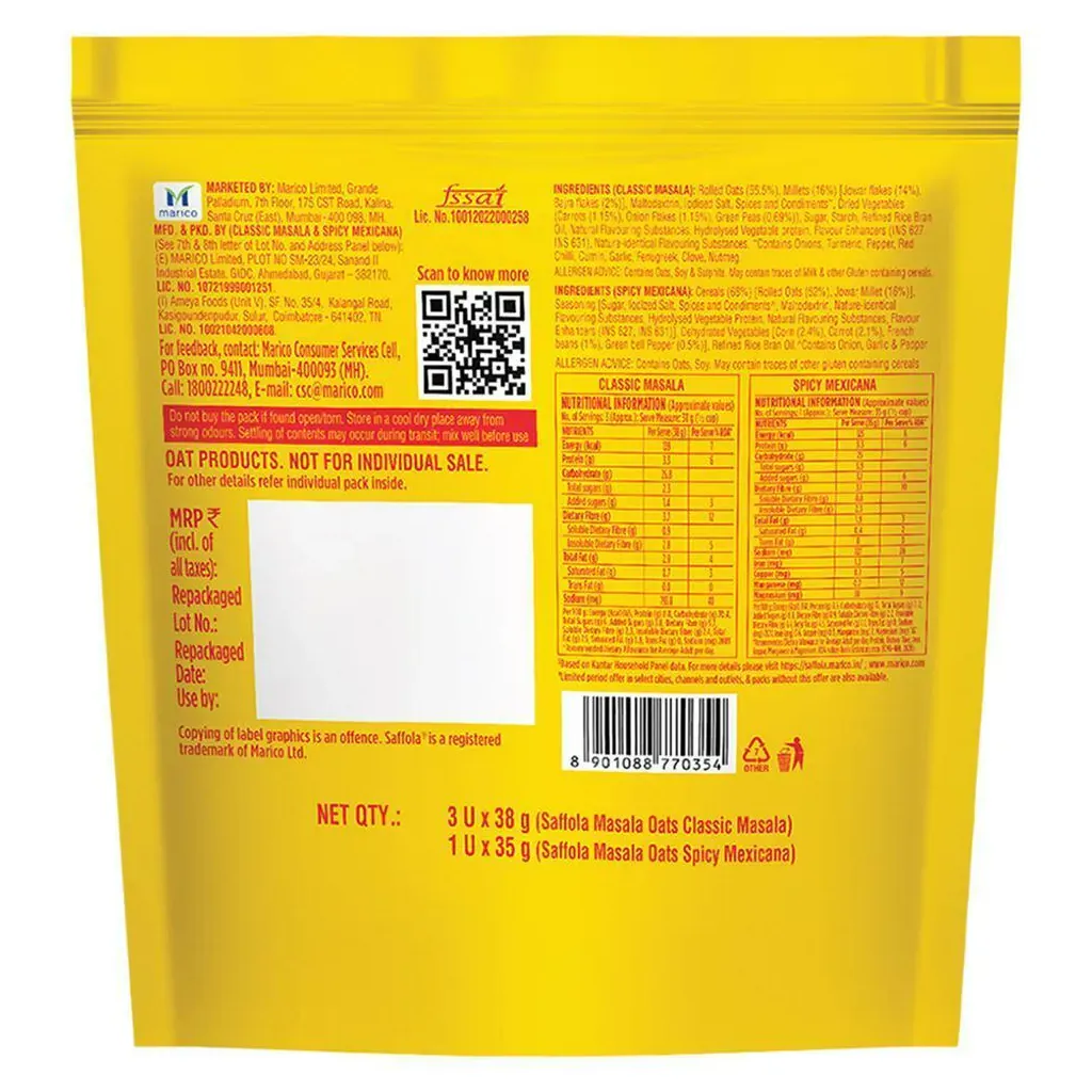 Saffola Masala Oats Classic Masala 3x38g + Spicy Mexicana 35g 1