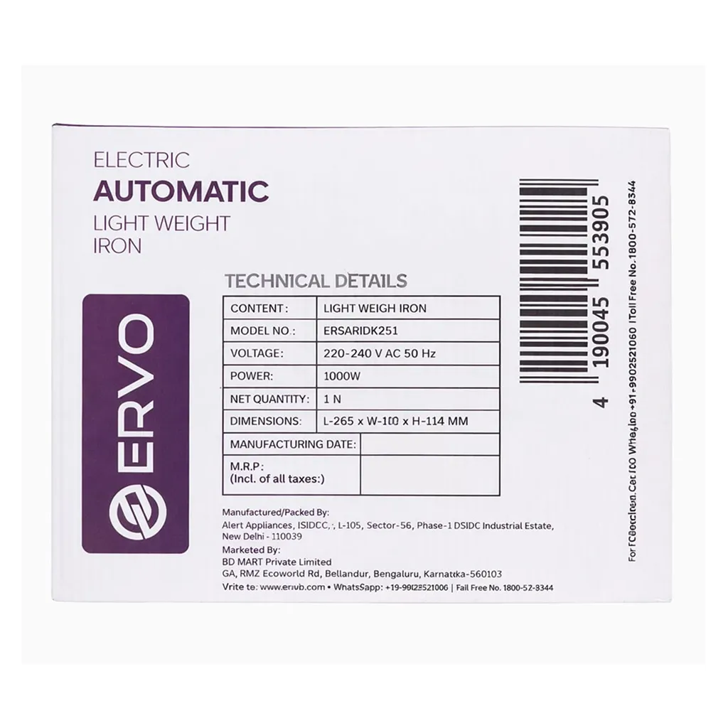 Ervo 1000W Light Weight Dry Iron - White 1